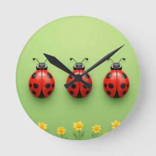 Three Colourful Ladybugs Round Clock