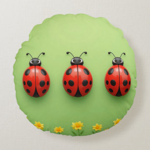 Three Colourful Ladybugs Round Pillow