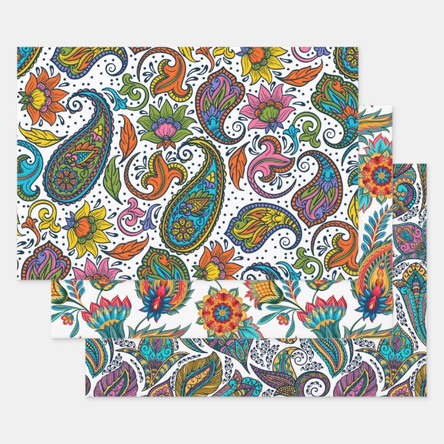 Three colourful vintage paisley patterns wrapping paper sheet (Set)