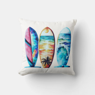 Three Colourful Watercolor Surfboards Throw Pillow