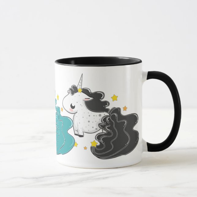 three colours of cartoon unicorns with stars mug (Right)