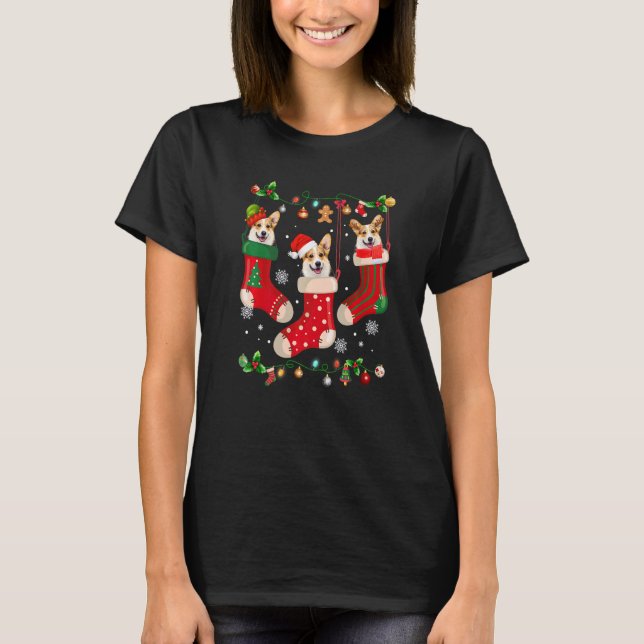 Three Corgi In Sock Christmas Santa X mas Dog   T-Shirt (Front)