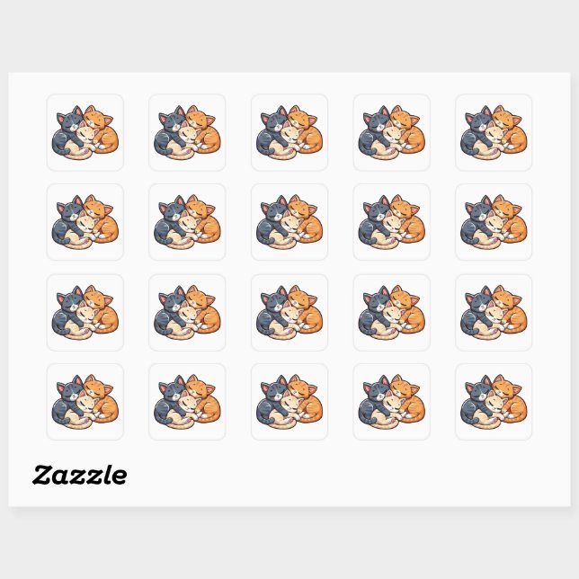Three Cozy Sleeping Kittens Cat Lover Art Design Square Sticker (Sheet)