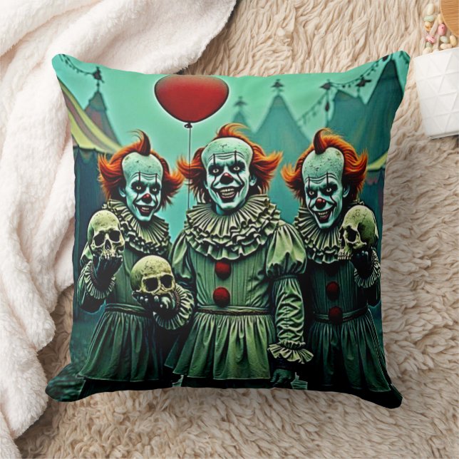 Three Creepy Clowns Skull Fear Design Throw Pillow (Blanket)