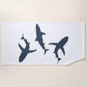 Three cross-stitch design dark blue sharks beach towel