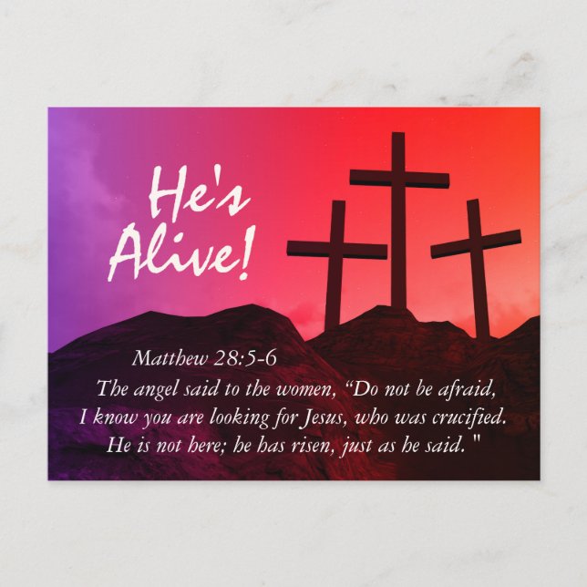 Three Crosses 'He's Alive' Easter Postcard (Front)
