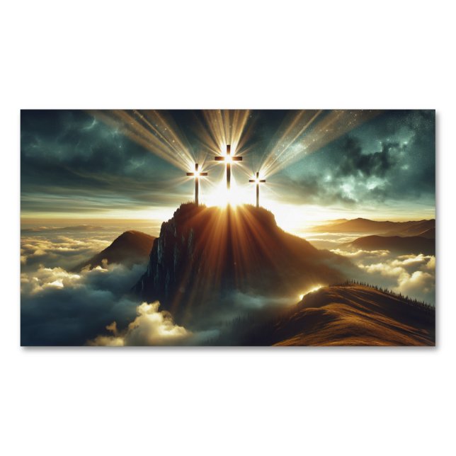 Three Crosses in a Heavenly Landscape Magnetic Business Card (Front)