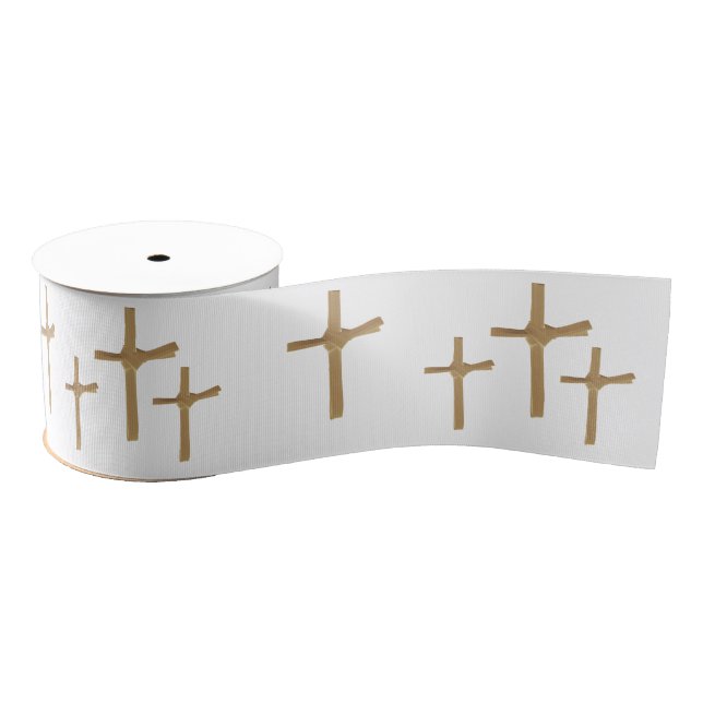 Three Crosses of Calvary in Golden Palm Leaves Art Grosgrain Ribbon (Spool)