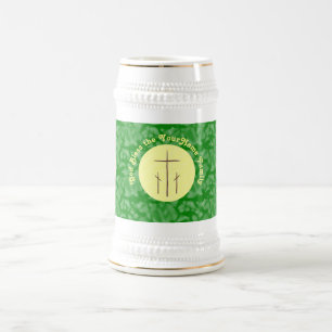 Three Crosses on Calvary Yellow Green Personalized Beer Stein