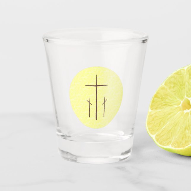 Three Crosses on Calvary Yellow Shot Glass (Front)