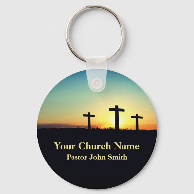 Three Crosses Sunset Church Pastor Business Keychain (Front)