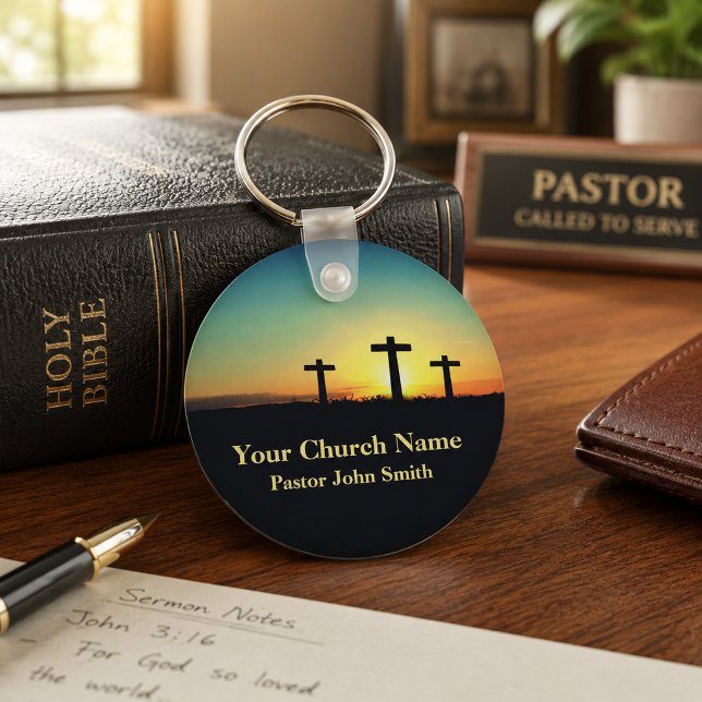 Three Crosses Sunset Sky Church Keychain (Creator Uploaded)