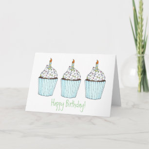 Three Cupcakes w/ Candle Happy Birthday Cake Cards