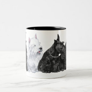 Three Curious Scotties and a Westie Two-Tone Coffee Mug