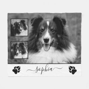 Three Custom Photos With Custom Pet Name & Paws Fleece Blanket