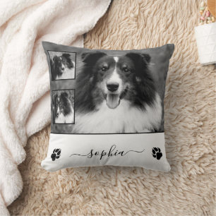 Three Custom Photos With Custom Pet Name & Paws Throw Pillow