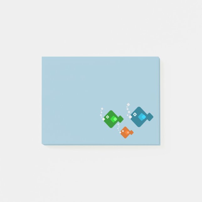 Three Cute and Colourful 8-bit Fish Swimming Post-it Notes (Front)