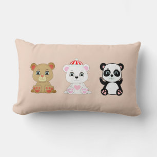 Three cute bear cartoons on beige lumbar pillow
