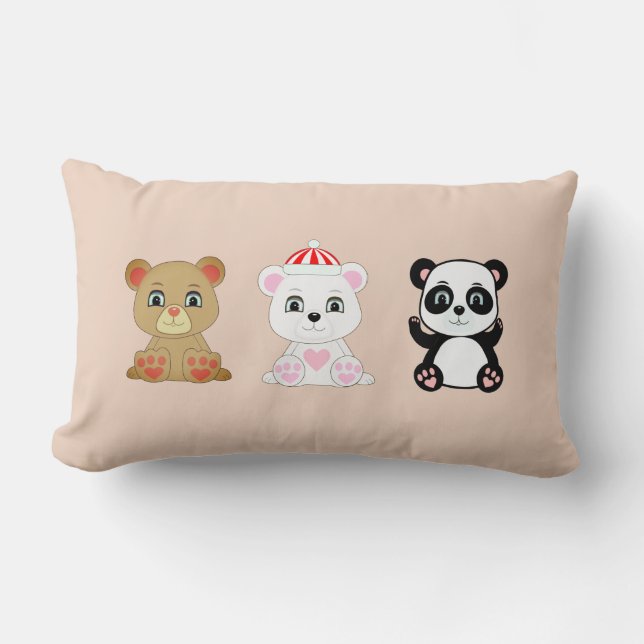 Three cute bear cartoons on beige lumbar pillow (Front)