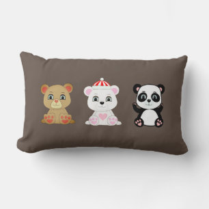 Three cute bear cartoons on coffee brown lumbar pillow