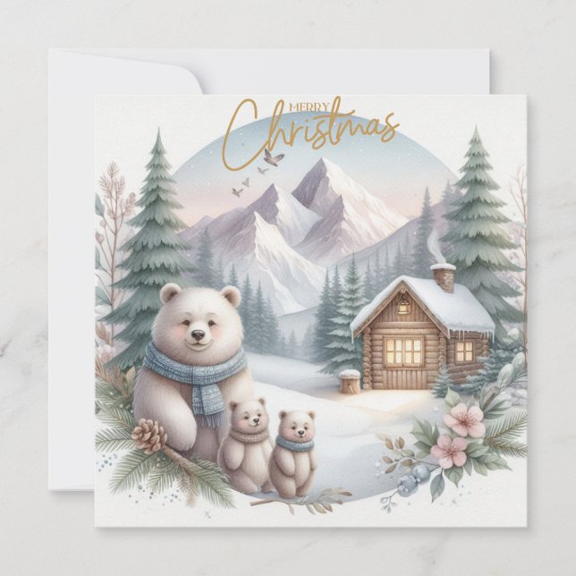 Three Cute Bears in the Nordic nature Holiday Card (Front)