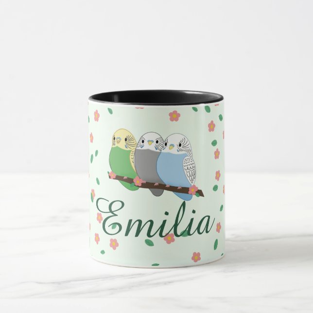 Three Cute Budgies Floral Cherry Blossom Mug (Center)