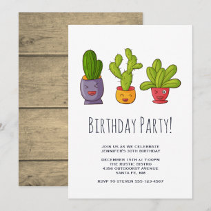 Three Cute Cactus Illustration Birthday Party Invitation
