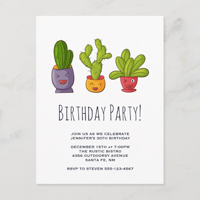 Three Cute Cactus in Flower Pots Fun Illustration Invitation Postcard (Front)