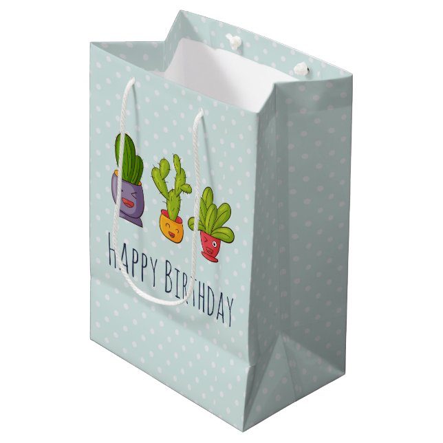 Three Cute Cactus in Flower Pots Fun Illustration Medium Gift Bag (Front Angled)