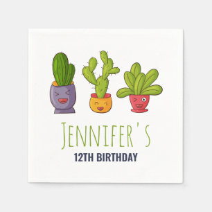 Three Cute Cactus in Flower Pots Fun Illustration Napkin