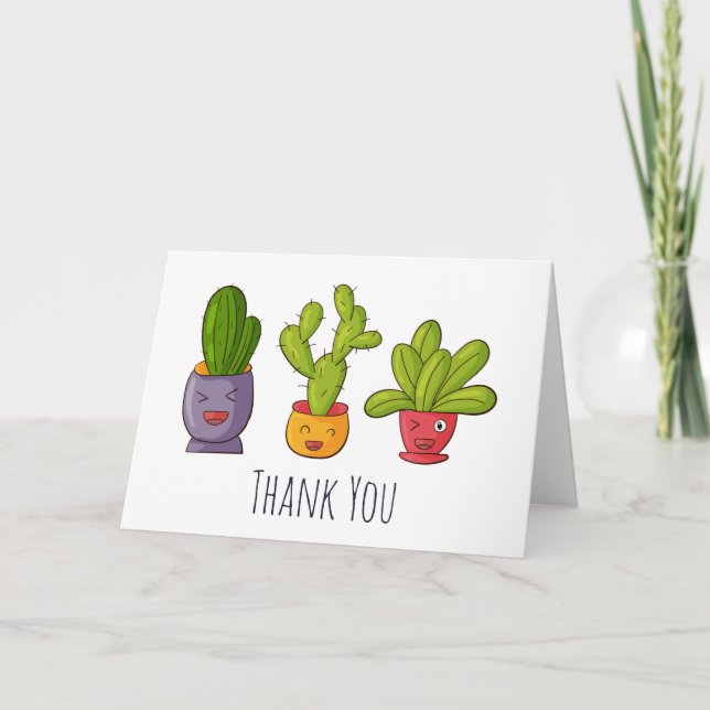 Three Cute Cactus in Flower Pots Fun Thank You Card (Front)