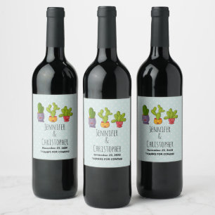 Three Cute Cactus in Flower Pots Fun Wedding Wine Label