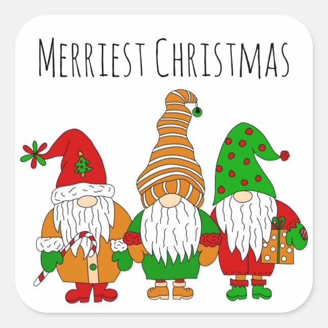 Three cute Christmas Gnomes Merriest Christmas Square Sticker (Front)