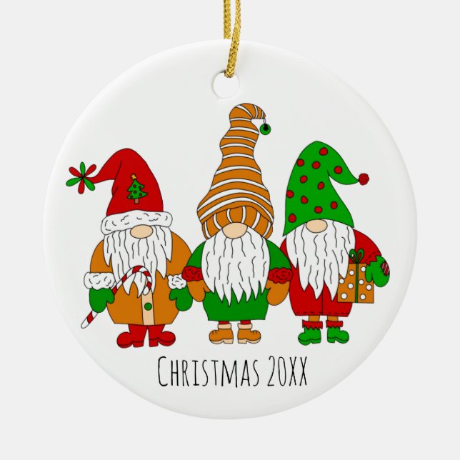Three Cute Christmas Gnomes Personalized Holiday Ceramic Ornament (Front)