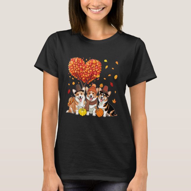 Three Cute Corgis Thanksgiving Fall Tree Pumpkins  T-Shirt (Front)