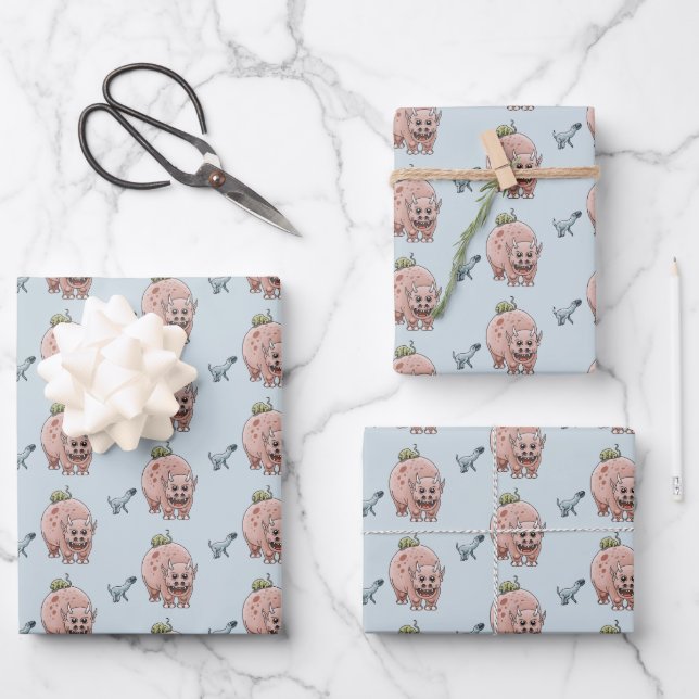 Three Cute Fantasy Dinosaurs Wrapping Paper Sheet (Front)