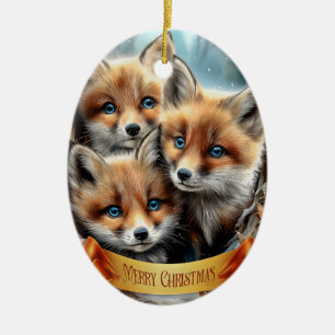 Three Cute Fox Cubs in Forest Ceramic Ornament