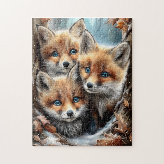 Three Cute Fox Cubs in Forest Jigsaw Puzzle (Vertical)