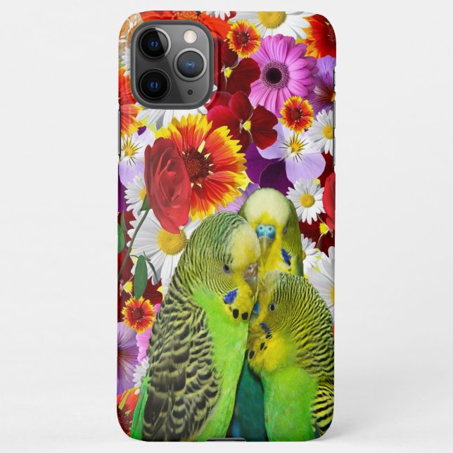 three cute green Budgies with cloroful flower iPhone Case (Back)