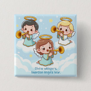 Three cute guardian angels playing trumpets 2 inch square button