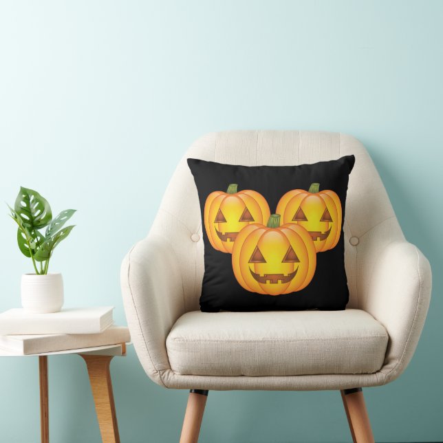 Three Cute Halloween Jack O’Lantern Pumpkins Throw Pillow (Chair)