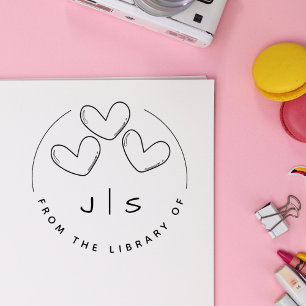 Three Cute Hearts Custom Initials Library Book Rubber Stamp