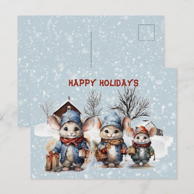 Three Cute Litte Mice At the Farm Happy Holidays Holiday Postcard (Front/Back)