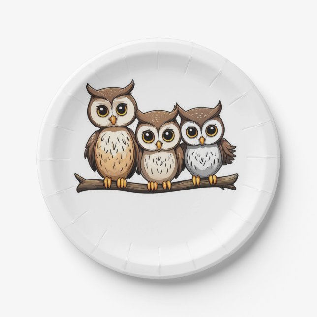 Three Cute Little Owl Paper Plate (Front)