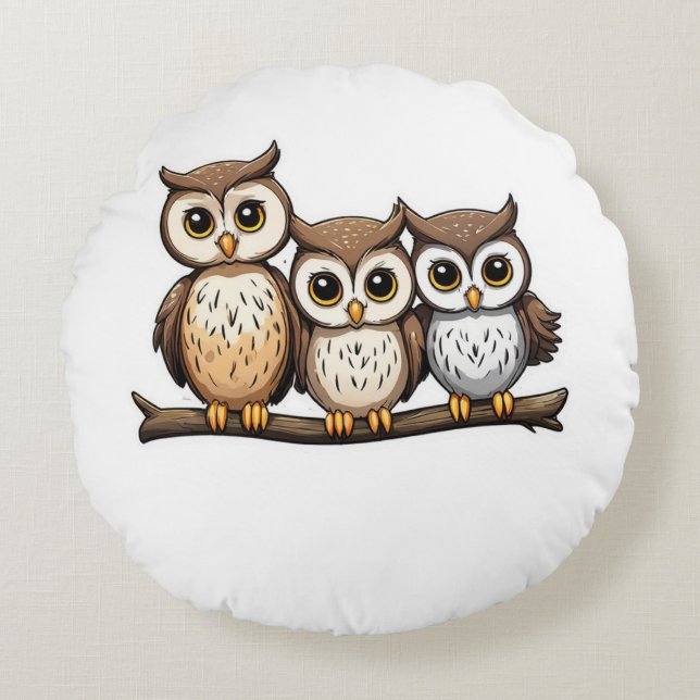 Three Cute Little Owl Round Pillow (Front)