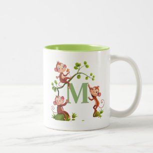 Three Cute Monkeys and Green Monogram Mug
