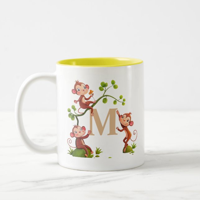 Three Cute Monkeys and Monogram Mug (Left)