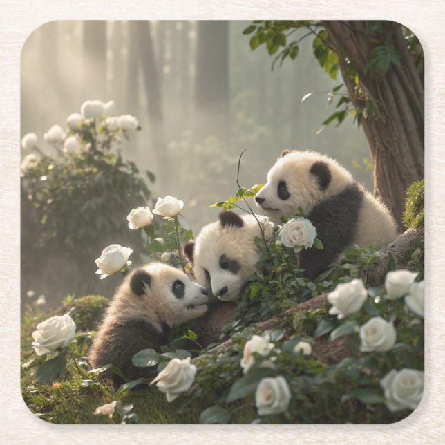 Three Cute Pandas Square Paper Coaster (Front)
