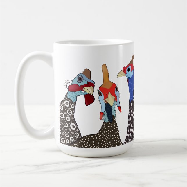 Three Cute Patterned Guinea Fowl Birds Coffee Mug (Left)