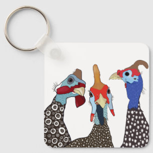 Three Cute Patterned Guinea Fowl Birds Keychain